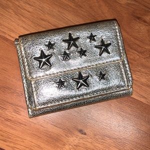 Jimmy Choo Star Studs Tri-fold Wallet Metallic Silver Calfskin